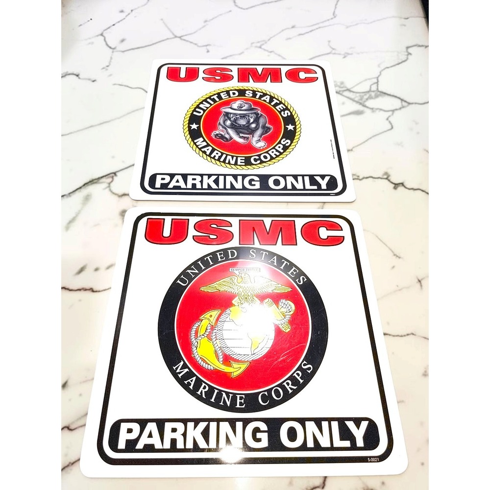 Vtg USMC Marine Corps Parking Only Set 2 Eagle Globe Anchor Bulldog Garage Sign